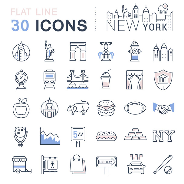 Ustawianie ikon wektorowych płaskich linii w Nowym Jorku i USA - Wektor, obraz