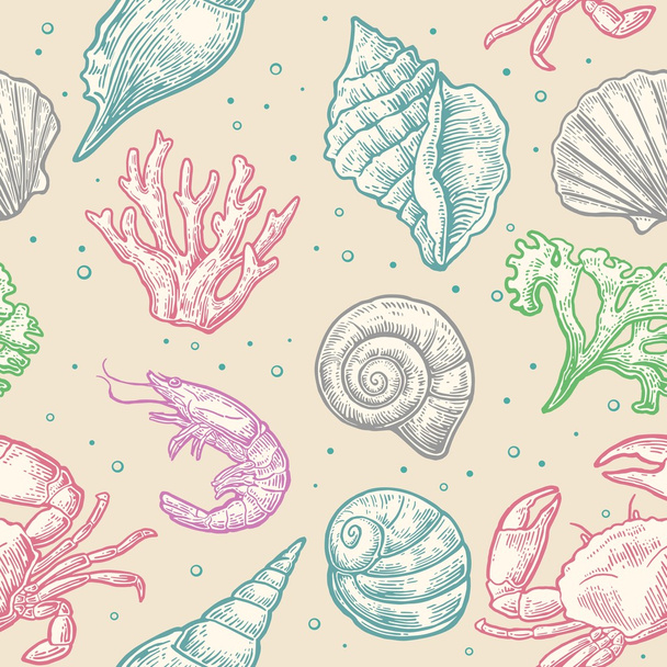 Seamless pattern sea shell, coral, crab and shrimp. Vector engraving vintage illustrations. Isolated on beige background - Vektor, kép