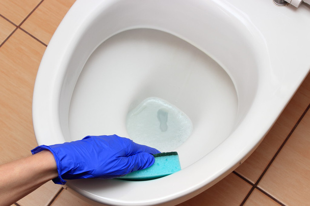 Hand of woman in blue glove cleaning toilet bowl - Φωτογραφία, εικόνα