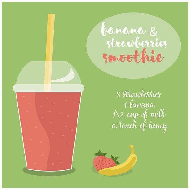 Vector illustration of Banana and Strawberries Smoothie recipe with ingredients. - Wektor, obraz