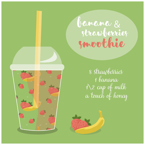 Vector illustration of Banana and Strawberries Smoothie recipe with ingredients. - Vektor, obrázek