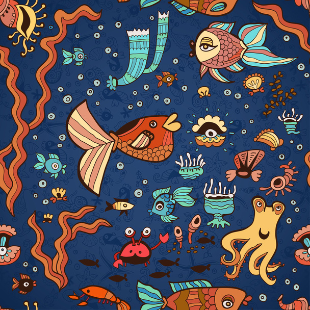 Underwater seamless pattern of elements on the tropic sea life. Marine collection. Summer template. Use for wallpaper,pattern fills, web page background. - Vector, Image