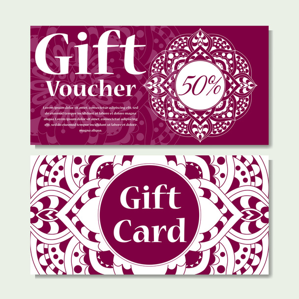 Gift voucher template with mandala. Design certificate for sport center, magazine or etc. Vector gift coupon with ornament on background. - Διάνυσμα, εικόνα