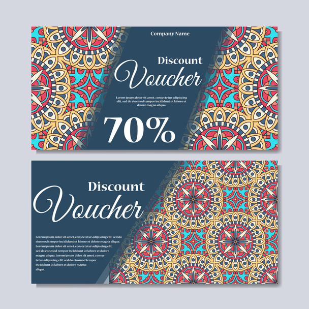 Gift voucher template with mandala. Design certificate for sport or yoga center, magazine or etc. Vector gift coupon with ornament on background. - Vector, imagen