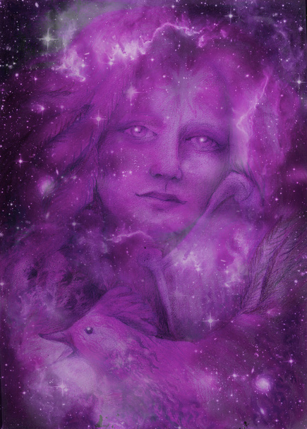violett γυναίκα θεά νεράιδα με άρπα, αντλώντας - Φωτογραφία, εικόνα
