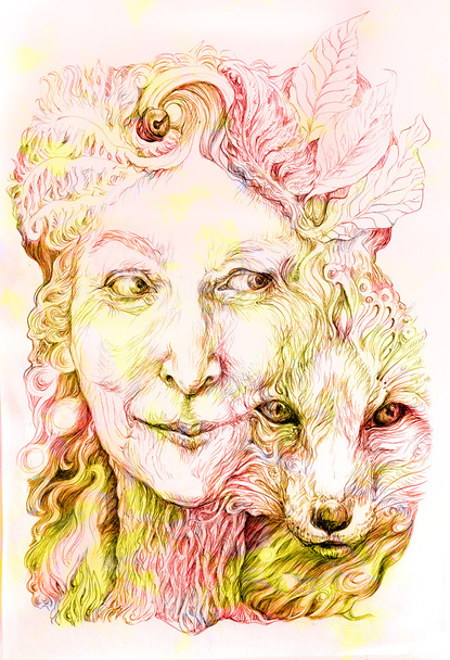 chamán del bosque mujer con espíritu de zorro, dibujo
 - Foto, imagen