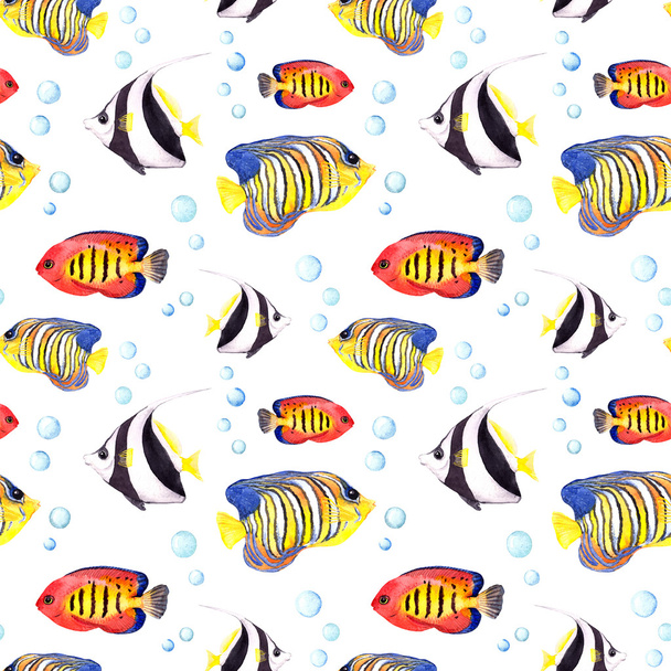 Tropical fishes. Repeating seamless pattern. Watercolor - Foto, Bild