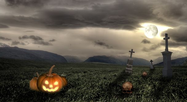 Sötét felhők és kísérteties Halloween temetőben - Fotó, kép
