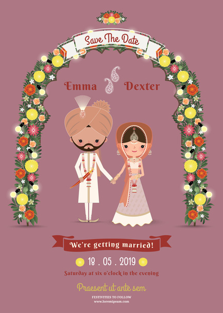 Індійська весілля наречена & нареченого мультфільм романтичний темний рожевий запрошення - Вектор, зображення