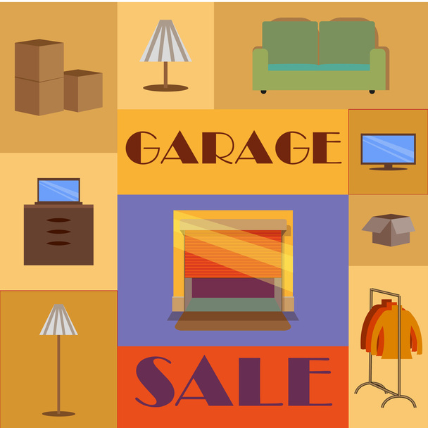Garage or Yard Sale with signs, box and household items. Vintage printable poster or banner template. - Vektor, Bild