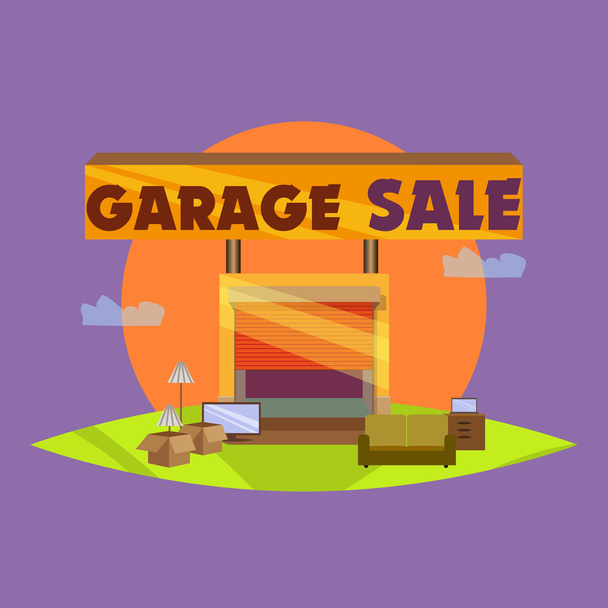 Garage or Yard Sale with signs, box and household items. Vintage printable poster or banner template. - Vektor, obrázek
