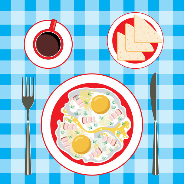 Fried eggs in a plate, coffee and bread - Vector, imagen