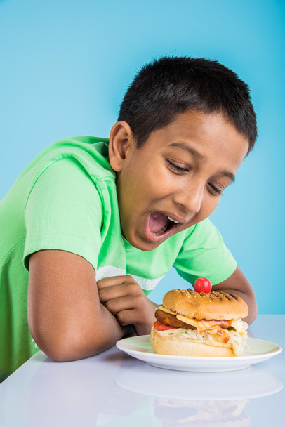 mignon indien garçon et hamburger dans petite assiette blanche, petit garçon asiatique et hamburger, sur fond coloré
 - Photo, image