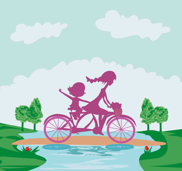 Mother and daughter biking - Vetor, Imagem