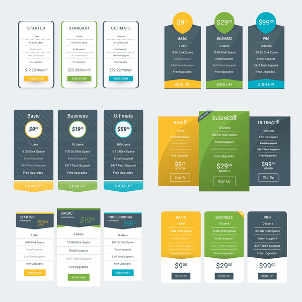 Set of Pricing Table Design Templates for Websites and Applications. Vector Pricing Plans. Flat Style Vector Illustration - Vector, Image