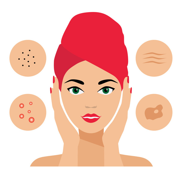 Facial Care, Skin Defects, Problems, Acne, Seborrhea, Seborrheic Dermatitis, Wrinkles, Dark Spots. icons. Cosmetologist, Dermatologist. - Vector, Image