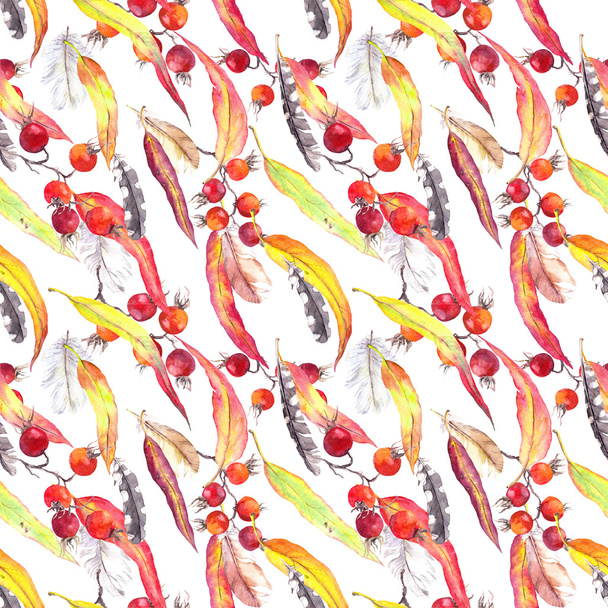 Leaves, feathers, berries. Seamless autumn pattern. Watercolor - Foto, Bild