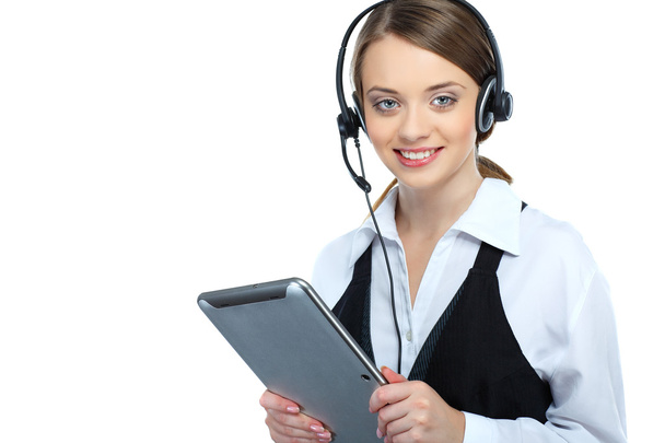 Can I help you ? Closeup of a female customer service representative - Foto, immagini