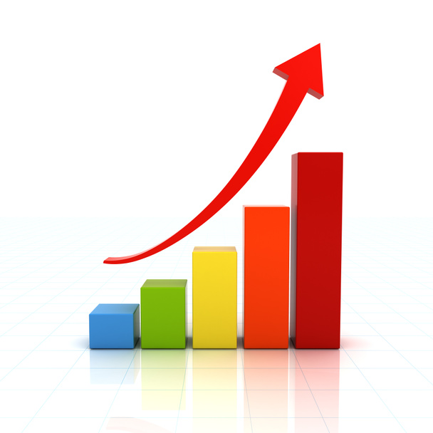 biznes wykres wykres z czerwoną strzałką rosnące na białym tle odbicie - Zdjęcie, obraz