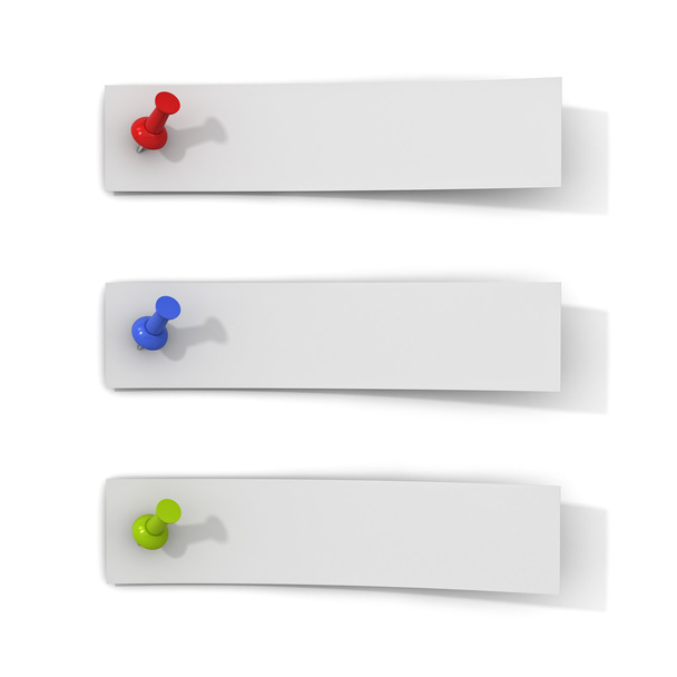 Dokument white paper strip poznámky s push piny izolovaných na bílém pozadí se stínem - Fotografie, Obrázek