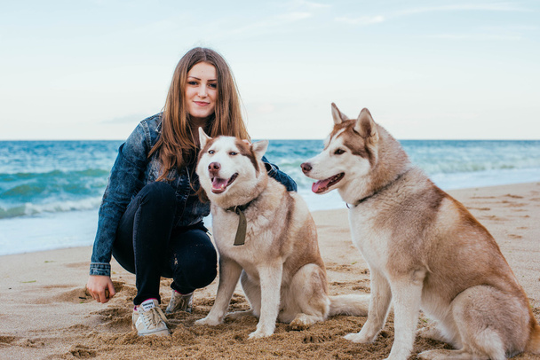 Woman and husky at the beach - Foto, immagini