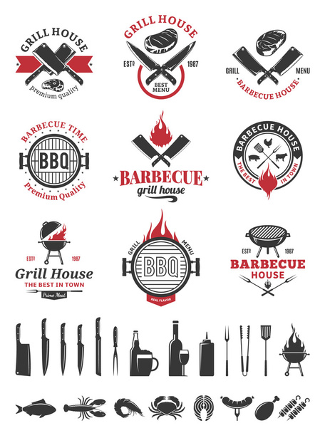 Grill schwarz-rotes Logo und Etiketten - Vektor, Bild