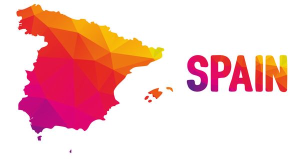 Mapa poligonal bajo de España en colores cálidos, geoma abstracto de mosaico
 - Vector, Imagen
