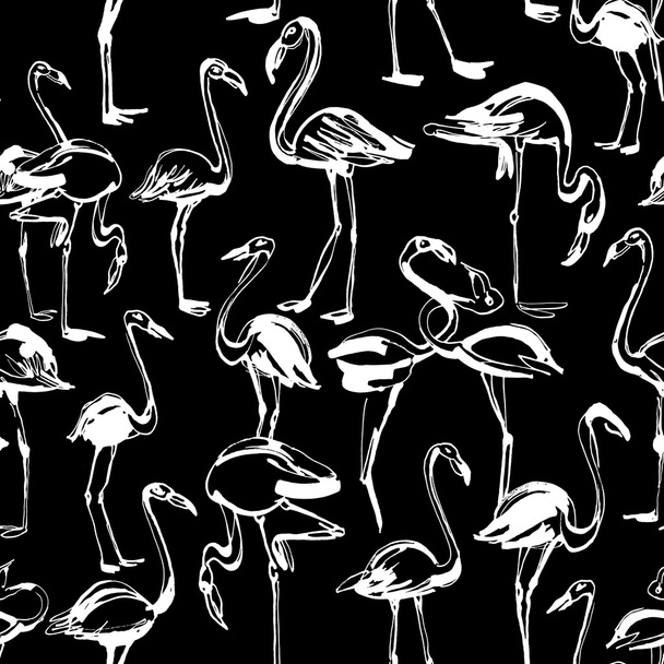 Tropical exotic birds flamingos summer seamless pattern. Black a - Вектор,изображение