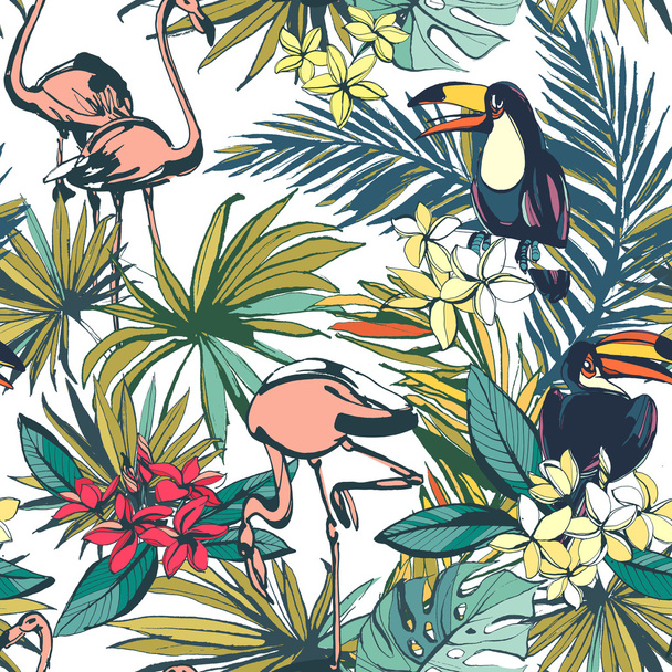 Tropical floral summer seamless pattern with palm beach leaves,  - Vektör, Görsel
