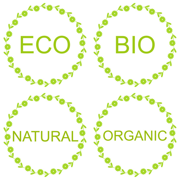 Set of labels and badges with leaves for organic, natural, bio and eco products - Vektori, kuva