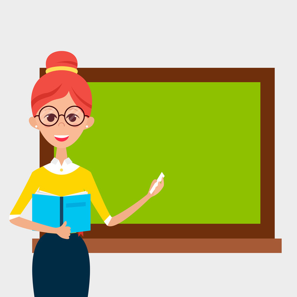 Школьный учитель в очках, книге и пустой доске
 - Вектор,изображение