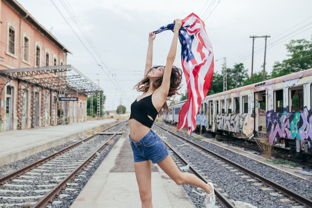 Girl with american flag  - Фото, зображення