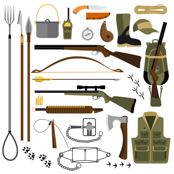 Векторная плоская иллюстрация охотничьего снаряжения и оружия
 - Вектор,изображение