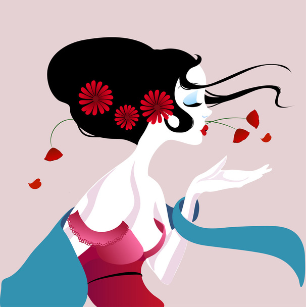 illustration of a beautiful geisha in red dress. very gentle and passionate. - Vector, Imagen