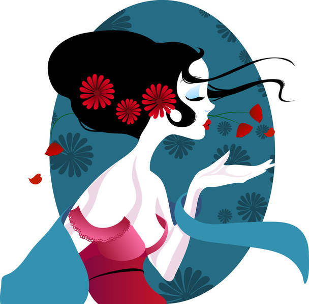 illustration of a beautiful geisha in red dress. very gentle and passionate. - Vettoriali, immagini