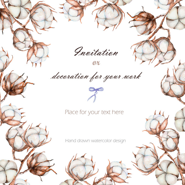 Fondo, plantilla postal con las ramas de flores de algodón, mano dibujada sobre un fondo blanco
 - Foto, imagen