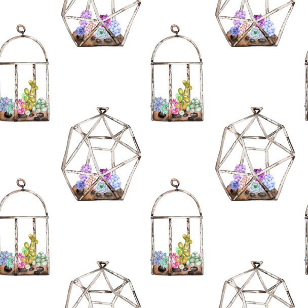 Seamless pattern with florariums with watercolor succulents and cuctuses inside - Photo, Image