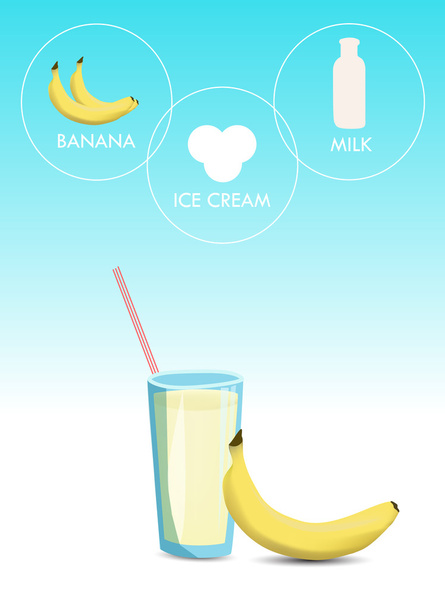 Il bicchiere di frullato e una banana su sfondo blu. Ricetta Milkshake
 - Vettoriali, immagini