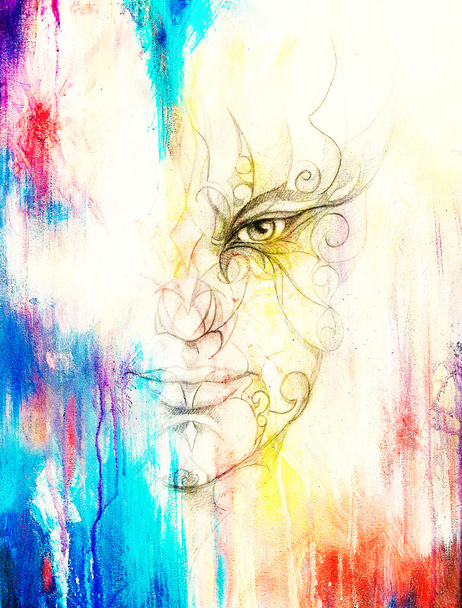 Mystic man gezicht met florale ornament. Tekening op papier, kleureffect. Oogcontact. - Foto, afbeelding