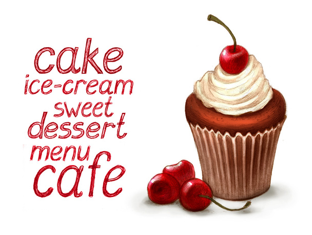 Cupcake with cherry and dessert text - Valokuva, kuva