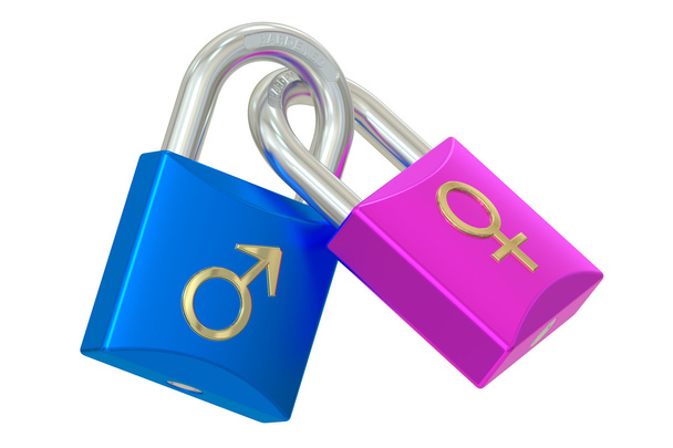 cadeados com símbolos de gênero homem e mulher, conceito de casamento. 3D
 - Foto, Imagem