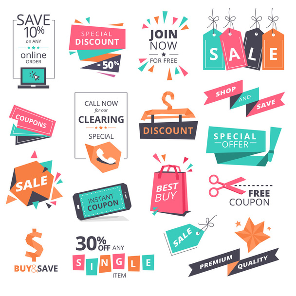 Set of flat design style badges and coupons for shopping - Vector, Image