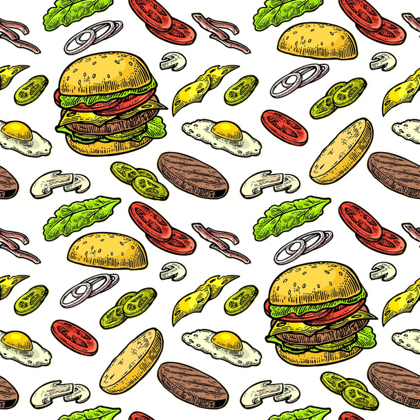 Seamless pattern burger and ingredients include cutlet, tomato, cucumber and salad - Vetor, Imagem