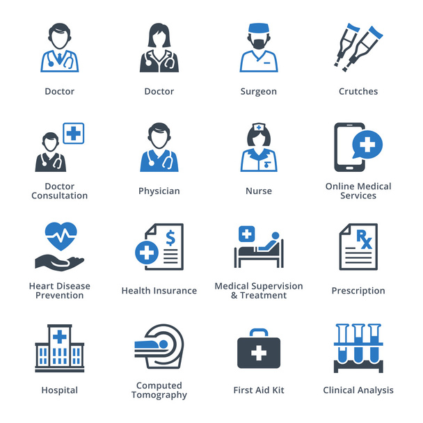 Orvosi szolgáltatások ikonok beállítása 4 - kék sorozat - Vektor, kép
