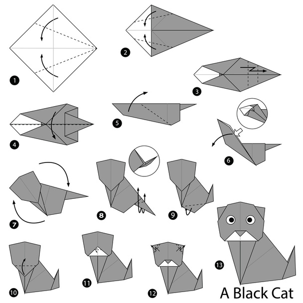 Schritt für Schritt Anleitung, wie man Origami zu einer schwarzen Katze macht. - Vektor, Bild