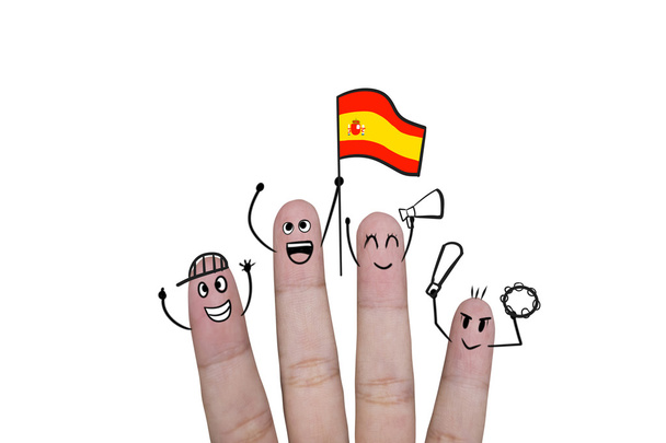 Concepto de dedo animar el fútbol del equipo con sostiene la bandera Spin
. - Foto, imagen