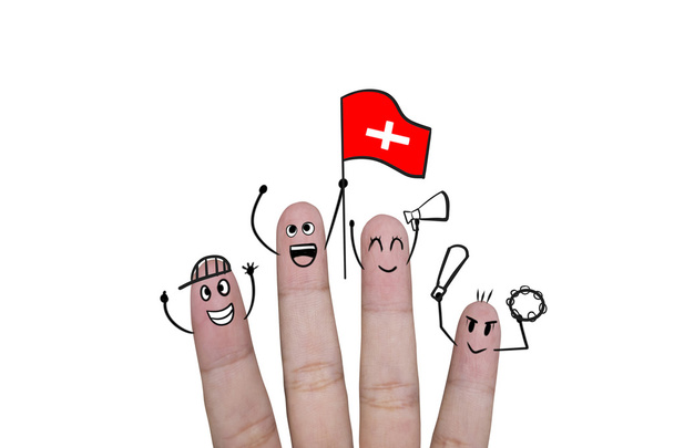 Palec koncepcja rozchmurz się drużyny piłkarskie z trzyma się flaga Szwajcarii - Zdjęcie, obraz