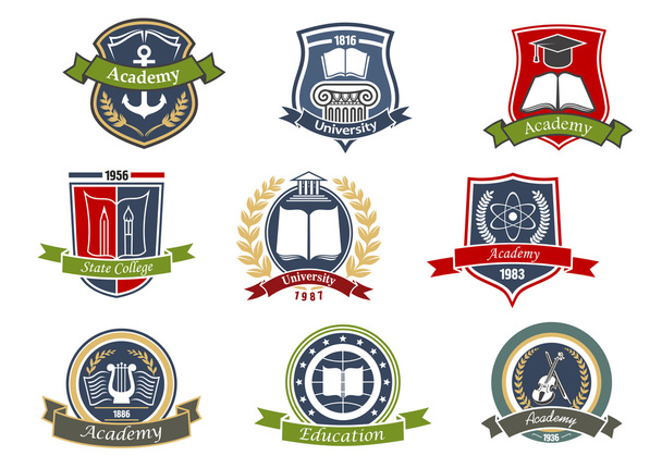 Academy, university and college heraldic emblems - Vector, Image