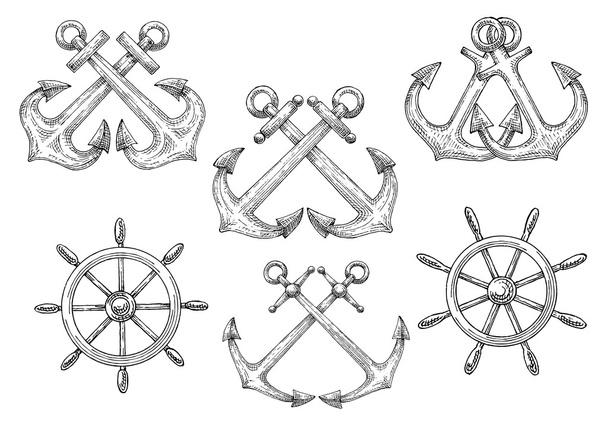 帆船の舵輪および交差したアンカーのスケッチ - ベクター画像