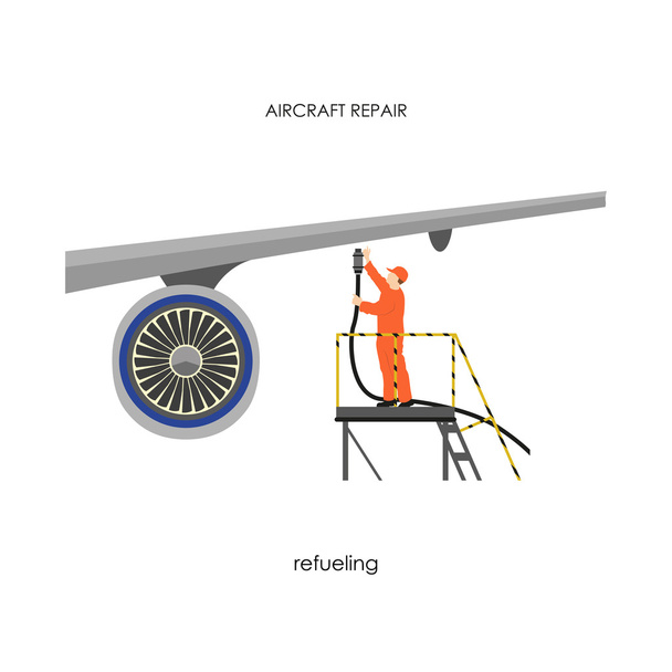 航空機の修理およびメンテナンス。マン給油飛行機 - ベクター画像